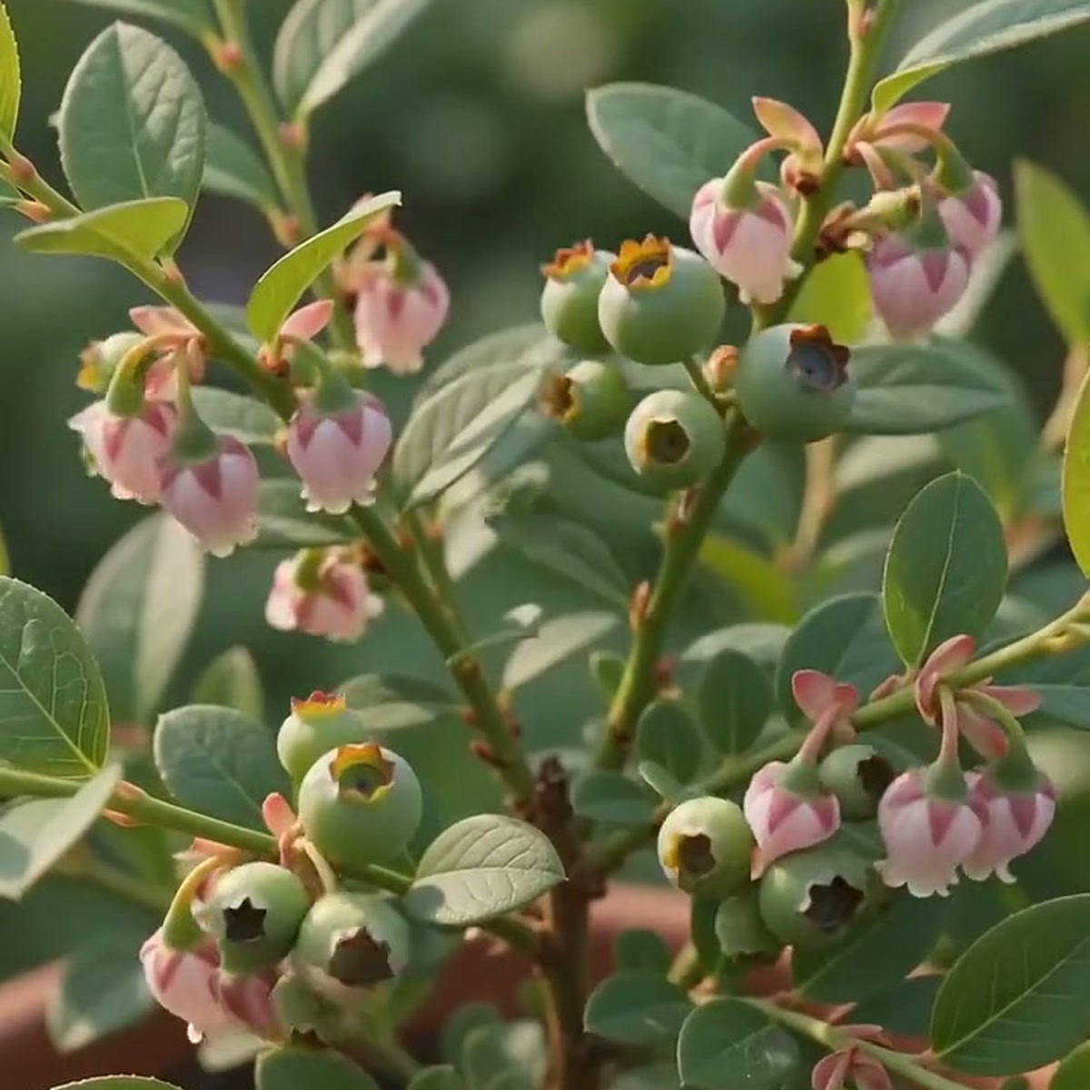 Blueberry shrub with pink and white bell-shaped blossoms