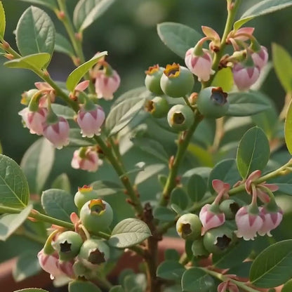 Blueberry shrub with pink and white bell-shaped blossoms