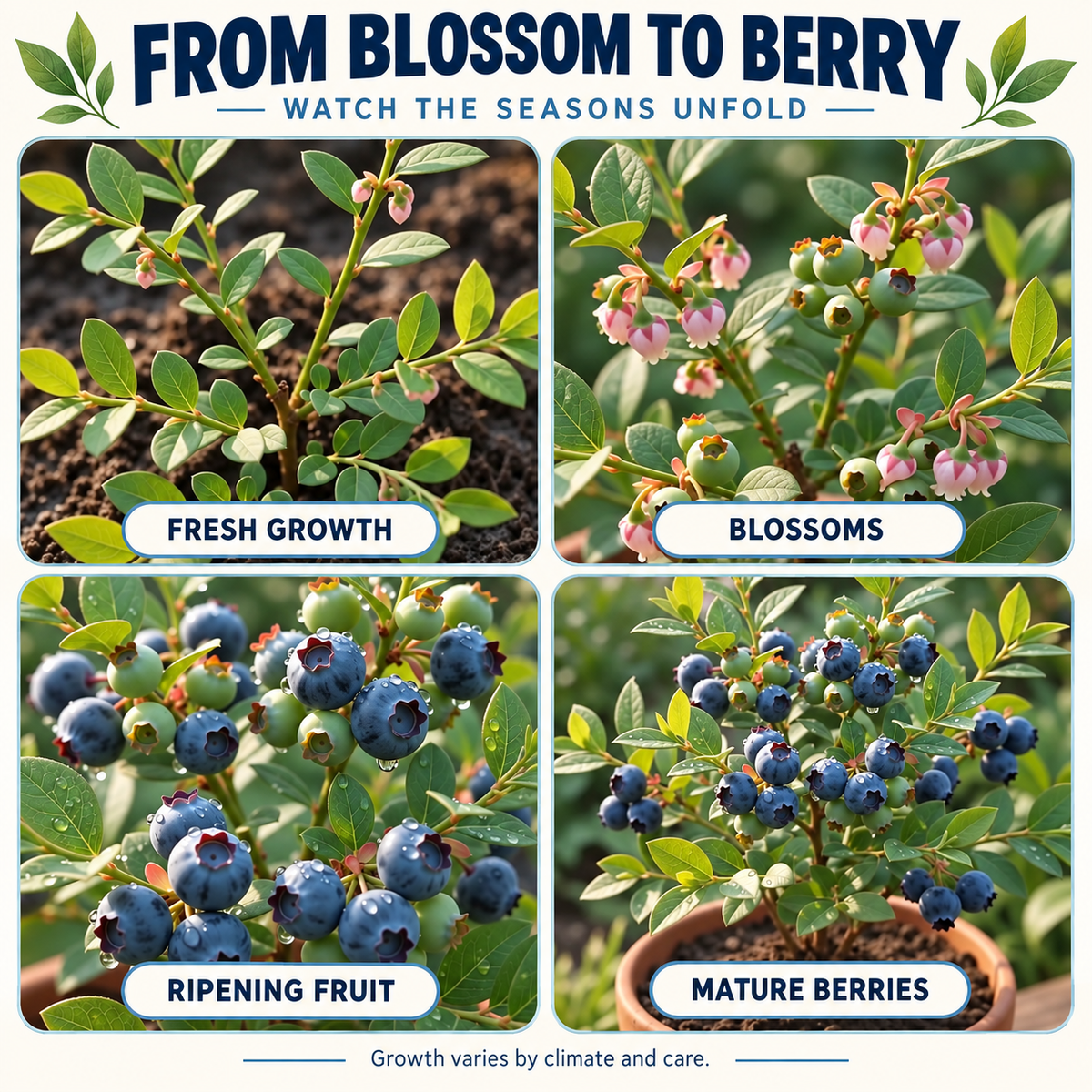 Blueberry growth stages from fresh growth to mature berries