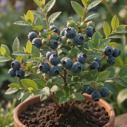 Mature blueberry shrub with blue-purple berry clusters