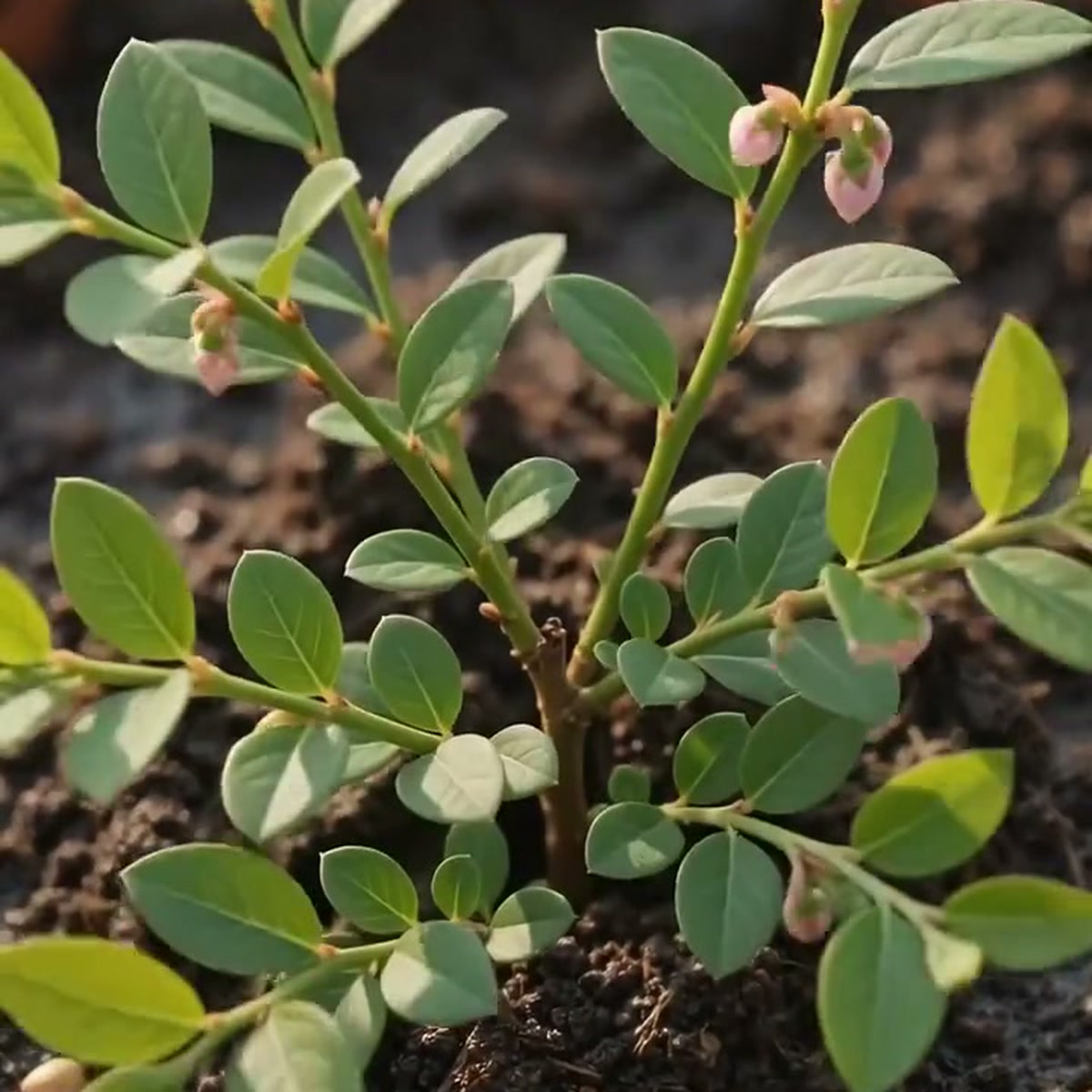 Young blueberry shrub with fresh green leaves